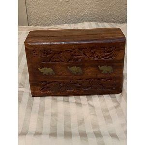 Vintage Hand Carved Wooden Jewelry Box 6"x4"x2.5" w/ Bronze Inlayed Elephants